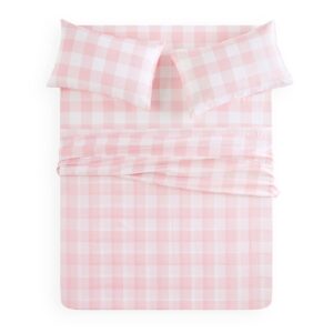 Wake In Cloud - Gingham Bed Sheets, 4-Piece Sheet Set, Cute Plaid Buffalo Check Checker Geometric Aesthetic Bedding, Deep Pocket, Pink, Twin Size