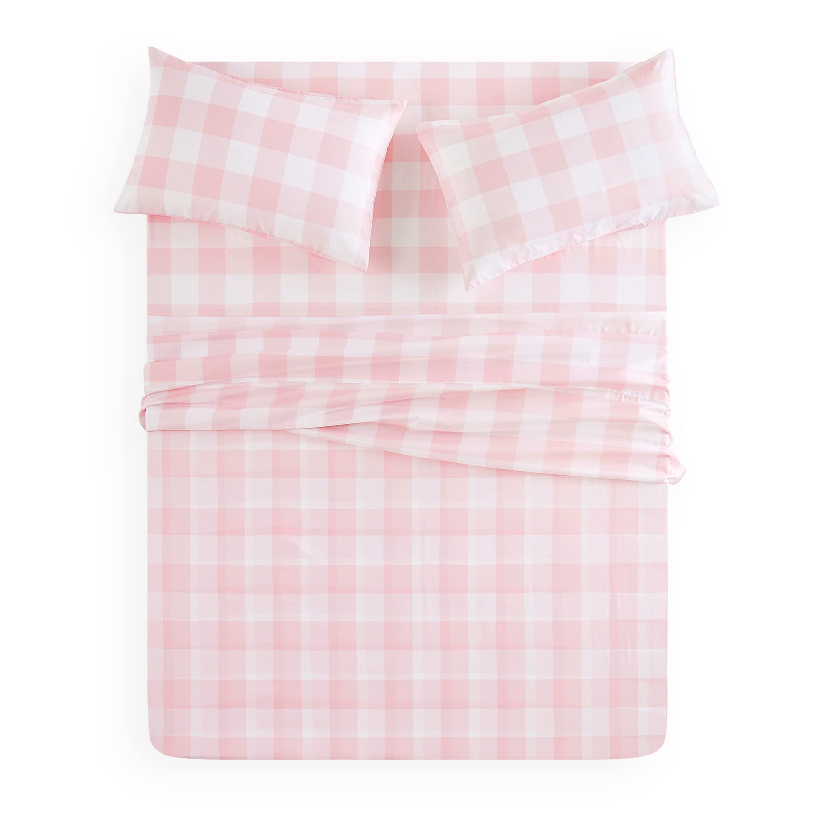 Wake In Cloud - Gingham Bed Sheets, 4-Piece Sheet Set, Cute Plaid Buffalo Check Checker Geometric Aesthetic Bedding, Deep Pocket, Pink, Twin Size