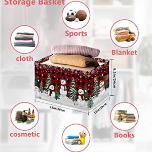 Storage Bins Large Storage Basket,Christmas Snowman and Tree in Snow Collapsible Storage Bins with Handle,Red and Black Buffalo Plaid Storage Baskets Cube Organizer for Shelves Closet Nursery 1PCS