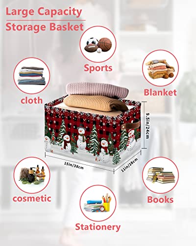 Storage Bins Large Storage Basket,Christmas Snowman and Tree in Snow Collapsible Storage Bins with Handle,Red and Black Buffalo Plaid Storage Baskets Cube Organizer for Shelves Closet Nursery 1PCS