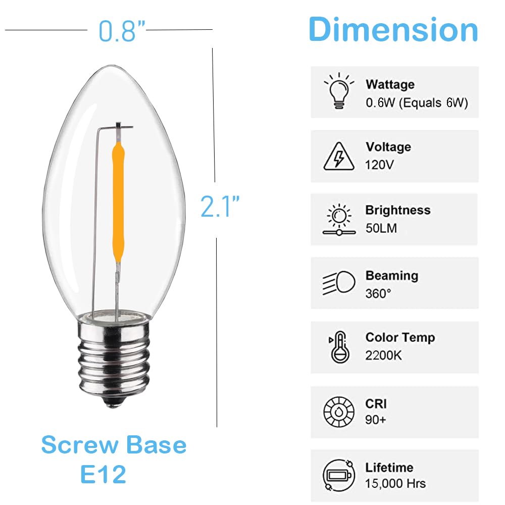 FUTIME 25Pack LED Night Light Bulbs, C7 Shatterproof Replacement Led Bulb for String Light, E12 Base Salt Lamp Bulbs, 0.6W Equivalent to 7W, Warm White 2200K, 50LM