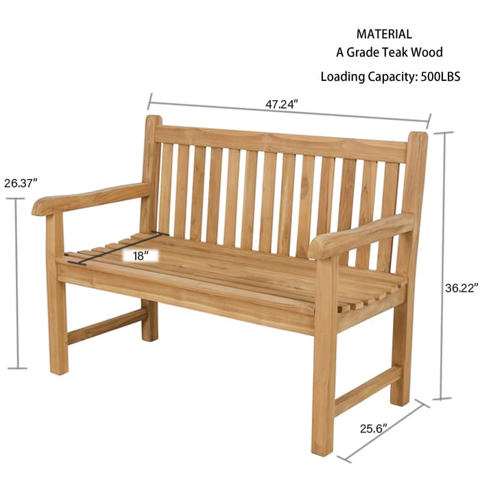 A-ECO LIVING Teak Outdoor Bench, 2-Seat Wood Patio Bench, 47 inch Patio Long Garden Bench Ideal for The Front Porch, Backyard, Deck, Lawn