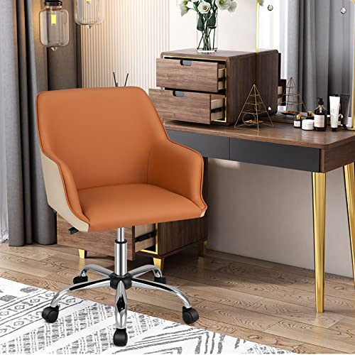 Giantex Home Office Desk Chair, Upholstered PU Leather Task Chair w/Arms & Adjustable Height, Mid-Back Swivel Rolling Desk Chair for Bedroom Study Office, Orange & Beige