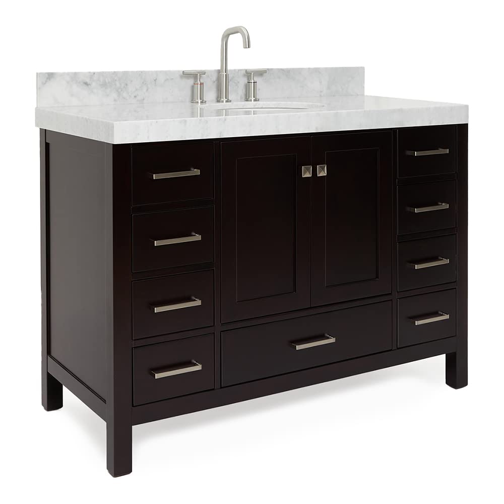 ARIEL Bathroom Vanity 48" Espresso with 2" Edge Italian Carrara Marble Countertop & Backsplash, Center Oval Sink, 2 Soft Closing Doors, 9 Full Extension Dovetail Drawers, Brushed Nickel