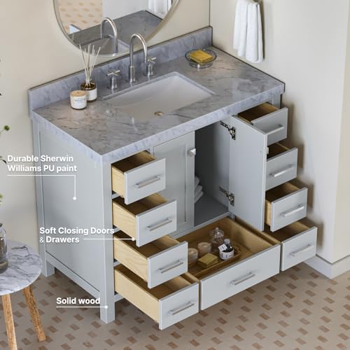 ARIEL Cambridge 42 Inch Bathroom Vanity with Sink, Grey Bathroom Vanity, Solid Wood Vanity Cabinet, Carrara Marble Top, 2-Inch Edge, Rectangular Undermount Sink, 2 Soft Closing Doors, 9 Drawers