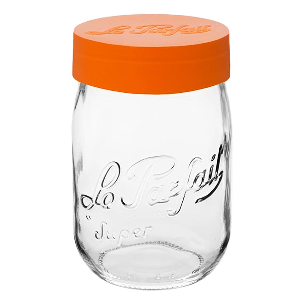 Le Parfait Screw Top Jar Wide Mouth French Glass Jar | Ideal for Food and Soup Storage, Canning, Flour, Brown Sugar, and other Baking Supplies (1L/32oz, Single, Orange)