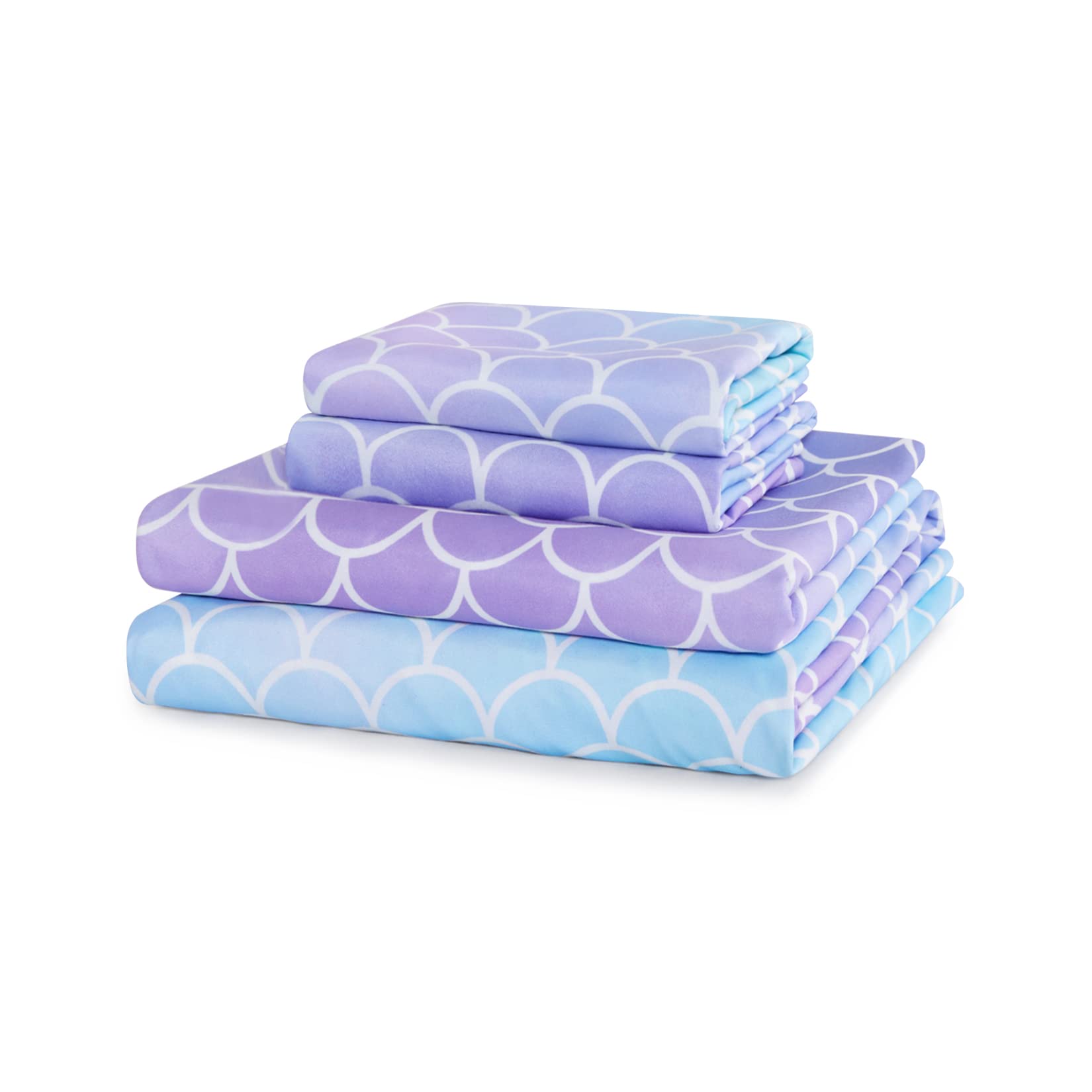 Wake In Cloud - Mermaid Bed Sheets for Girls, 4-Piece Sheets Set Kids, Ocean Mermaids Colorful Scales Pattern Rainbow Sea Soft Lightweight Bedding, Deep Pocket, Purple Blue, Twin Size