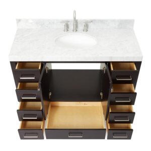 ARIEL Bathroom Vanity 48" Espresso with 2" Edge Italian Carrara Marble Countertop & Backsplash, Center Oval Sink, 2 Soft Closing Doors, 9 Full Extension Dovetail Drawers, Brushed Nickel