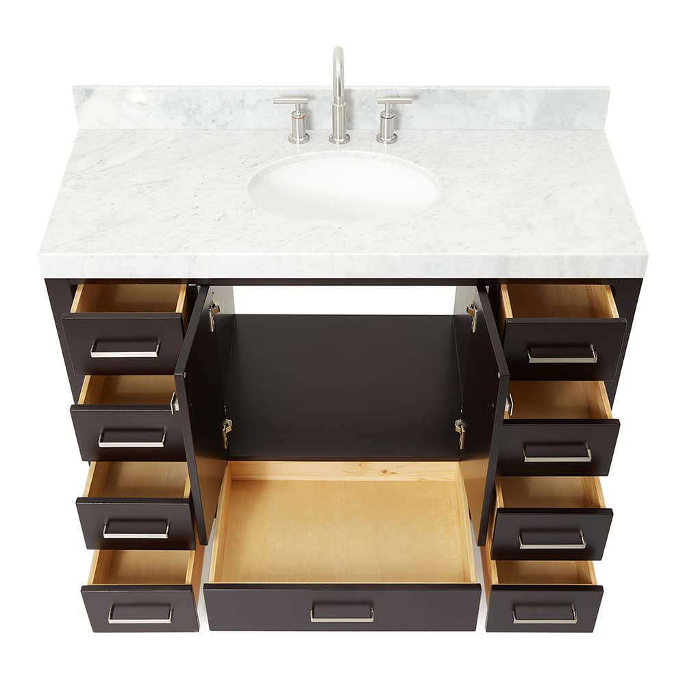 ARIEL Bathroom Vanity 48" Espresso with 2" Edge Italian Carrara Marble Countertop & Backsplash, Center Oval Sink, 2 Soft Closing Doors, 9 Full Extension Dovetail Drawers, Brushed Nickel