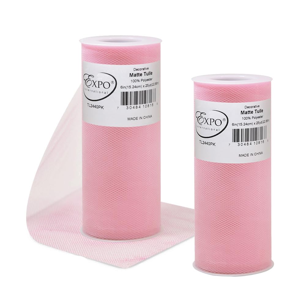 Expo International Decorative Matte Tulle, Roll/Spool of 6” X 25 Yards, Lightweight Polyester Tulle Fabric for Tutus, Costumes, and Party Decorations, Washable, Easy-to-Use, Pack of 2, Pink