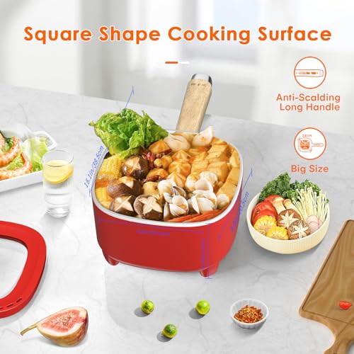 Audecook Hot Pot Electric 2L, Cermic Glaze Non-Stick Frying Pan 8 Inch, Portable Travel Cooker for Ramen/Steak/Fried Rice/Oatmeal/Soup, with Dual Power Control (Silicone Spatula Included)