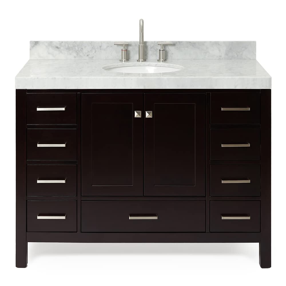 ARIEL Bathroom Vanity 48" Espresso with 2" Edge Italian Carrara Marble Countertop & Backsplash, Center Oval Sink, 2 Soft Closing Doors, 9 Full Extension Dovetail Drawers, Brushed Nickel