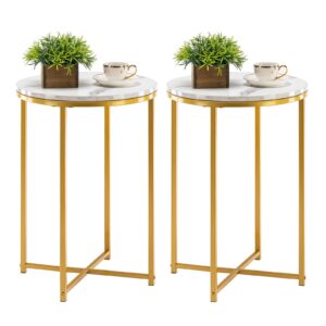 techmilly round end table, faux marble sofa table, accent side table with metal frame, modern gold nightstand, tall coffee table for living room, bedroom-2 packs