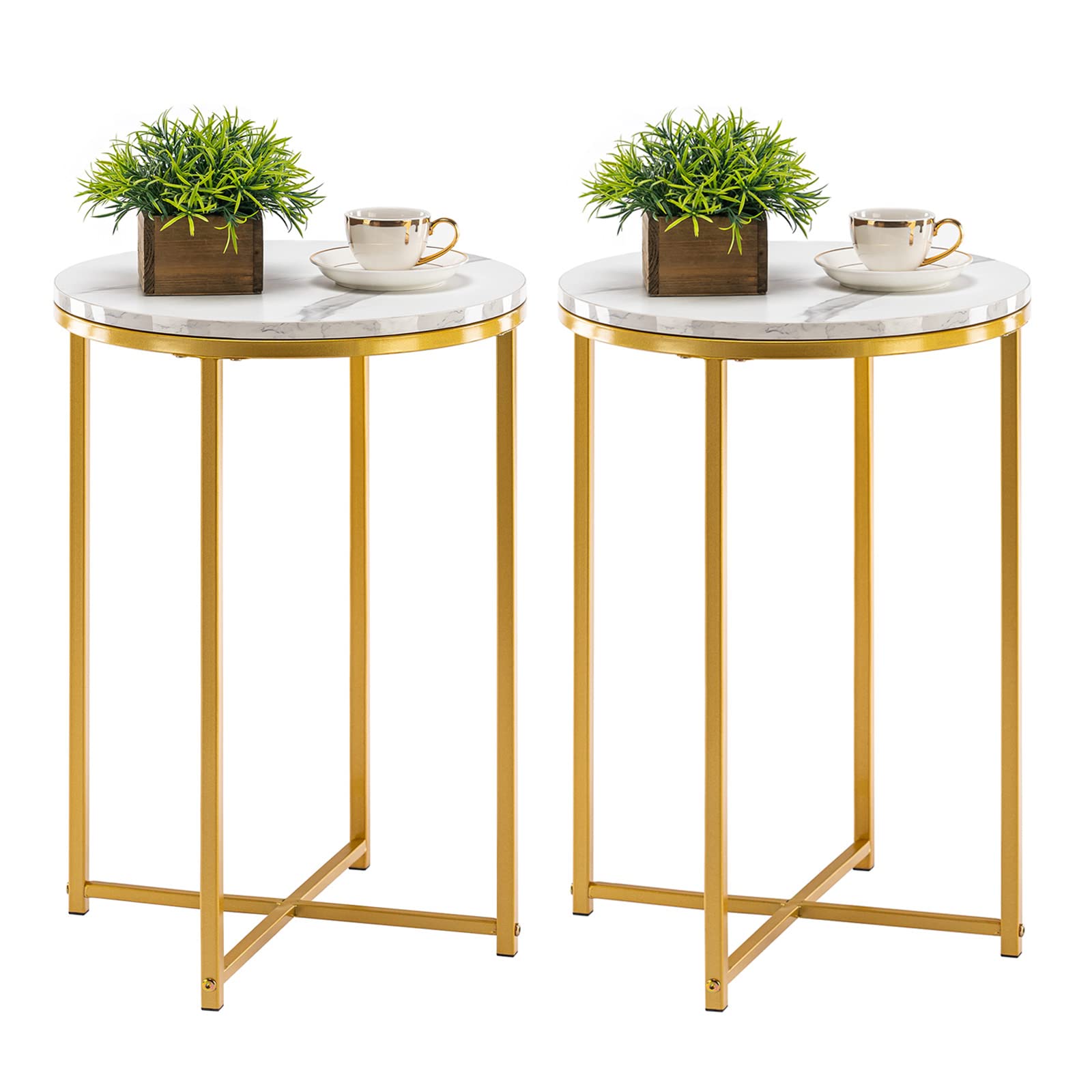 TECHMILLY Round End Table, Faux Marble Sofa Table, Accent Side Table with Metal Frame, Modern Gold Nightstand, Tall Coffee Table for Living Room, Bedroom-2 Packs