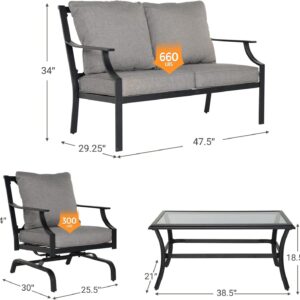 Grand patio Outdoor 4-Piece Patio Furniture Set Conversation Set with Olefin Cushions 2 Rocking Motion Chairs 1 Fixed Loveseat Glass Coffee Table, Dark Gray