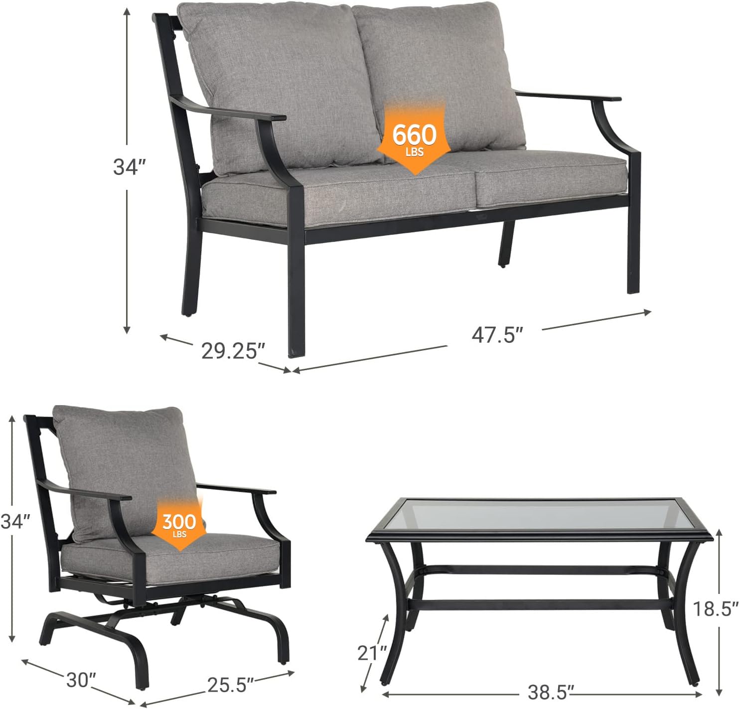 Grand patio Outdoor 4-Piece Patio Furniture Set Conversation Set with Olefin Cushions 2 Rocking Motion Chairs 1 Fixed Loveseat Glass Coffee Table, Dark Gray