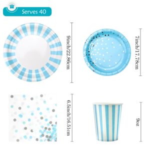 KEFAN Light Blue Striped Party Supplies, Blue and Silver Birthday Party, Sky Blue Paper Plates and Napkins Set for Boys Baby Shower Birthday Graduation Summer Blue Party, Services 40 (Light blue)