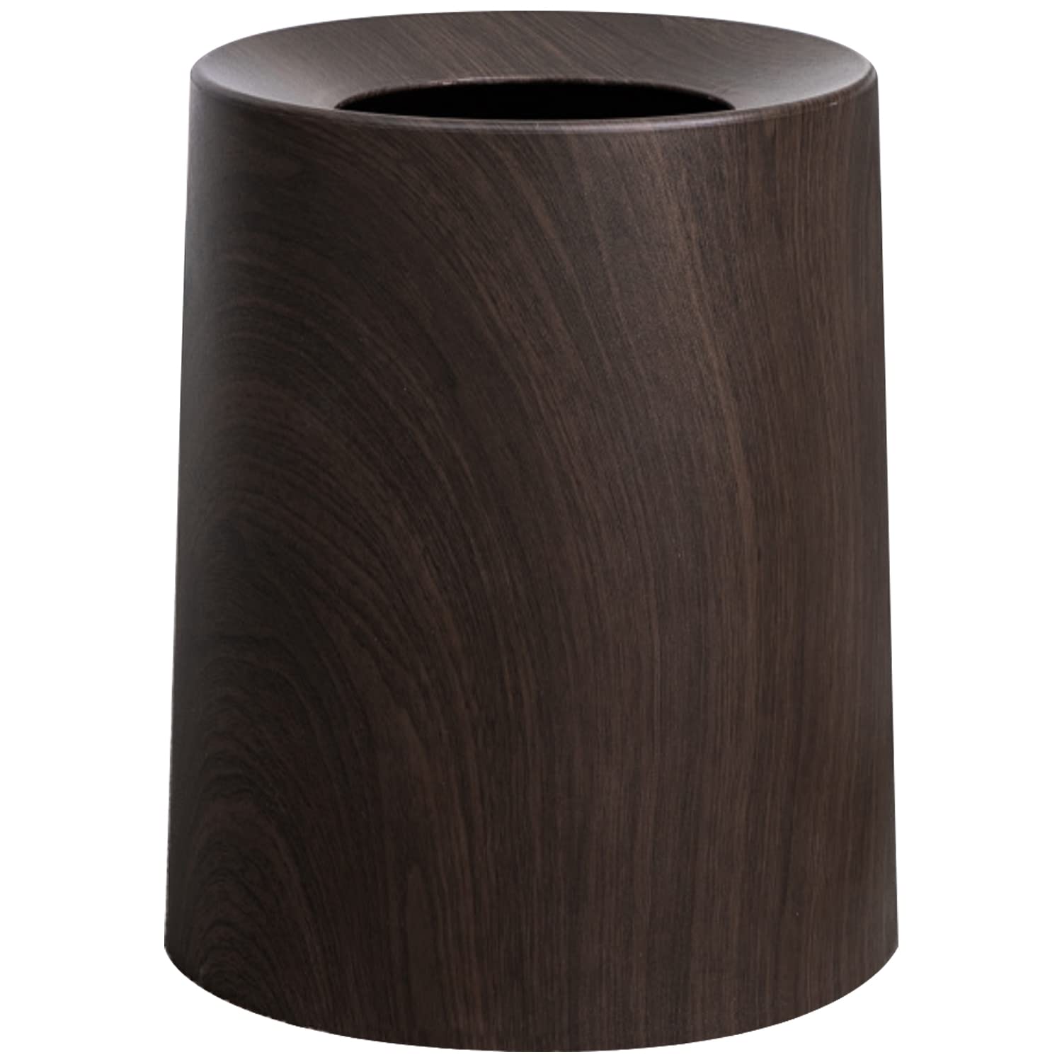 Spill Proof Kids Pet Friendly Garbage Can - Dark Walnut Wood Color Trash Bin - Top Indoor Outdoor Office Bedroom Bathroom - 3.2Gal - Patio Bar Loft Den - Round Designer Waste Basket - 10inx10inx12in