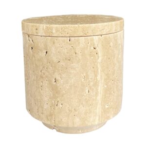 StonePlus Natural Marble Hole Stone Cosmetic Cotton Swab Sundry Small Tank Storage Box Jar with Lid (Yellow Travertine)