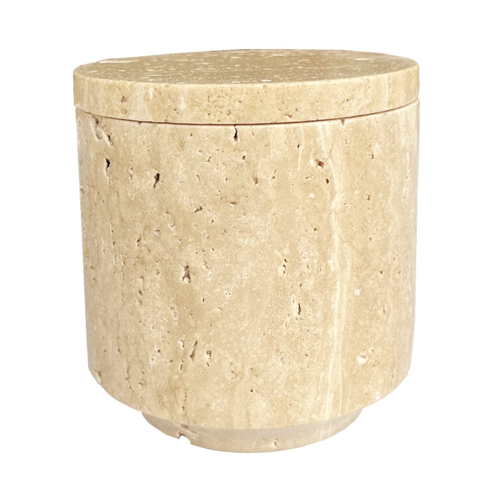 StonePlus Natural Marble Hole Stone Cosmetic Cotton Swab Sundry Small Tank Storage Box Jar with Lid (Yellow Travertine)