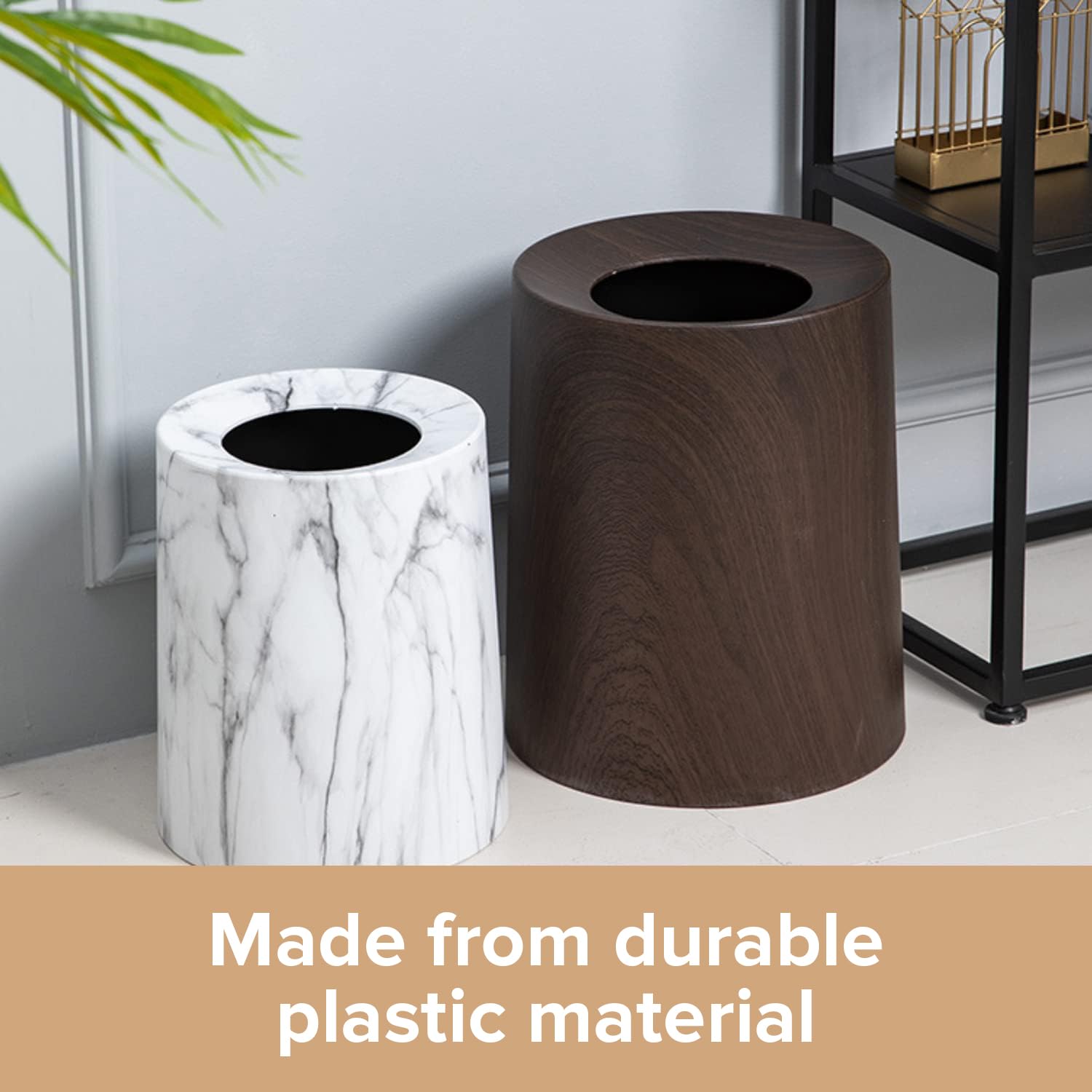 Spill Proof Kids Pet Friendly Garbage Can - Dark Walnut Wood Color Trash Bin - Top Indoor Outdoor Office Bedroom Bathroom - 3.2Gal - Patio Bar Loft Den - Round Designer Waste Basket - 10inx10inx12in