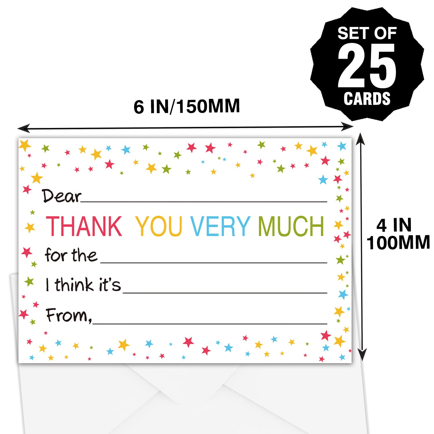 KORTTITALO Kids Fill in the Blank Thank You Postcards - Fun Thank You Notes For Boys or Girls - Colorful Thanks Cards With Envelopes -25 Card Set.