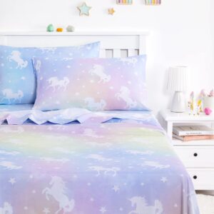 wake in cloud - unicorn bed sheets for girls, 4-piece sheets set kids, colorful rainbow unicorns pattern animal stars soft lightweight bedding, deep pocket, purple blue, twin size