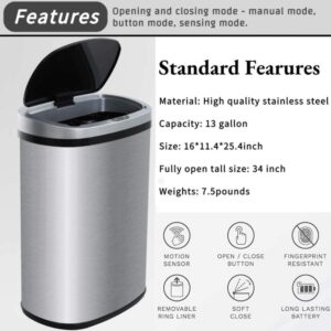 MKDLUFEI 13 Gallon Motion Sensor Trash Can, Brushed Stainless Steel, 13 Gallon Capacity, Touchless Garbage Can for Home Office