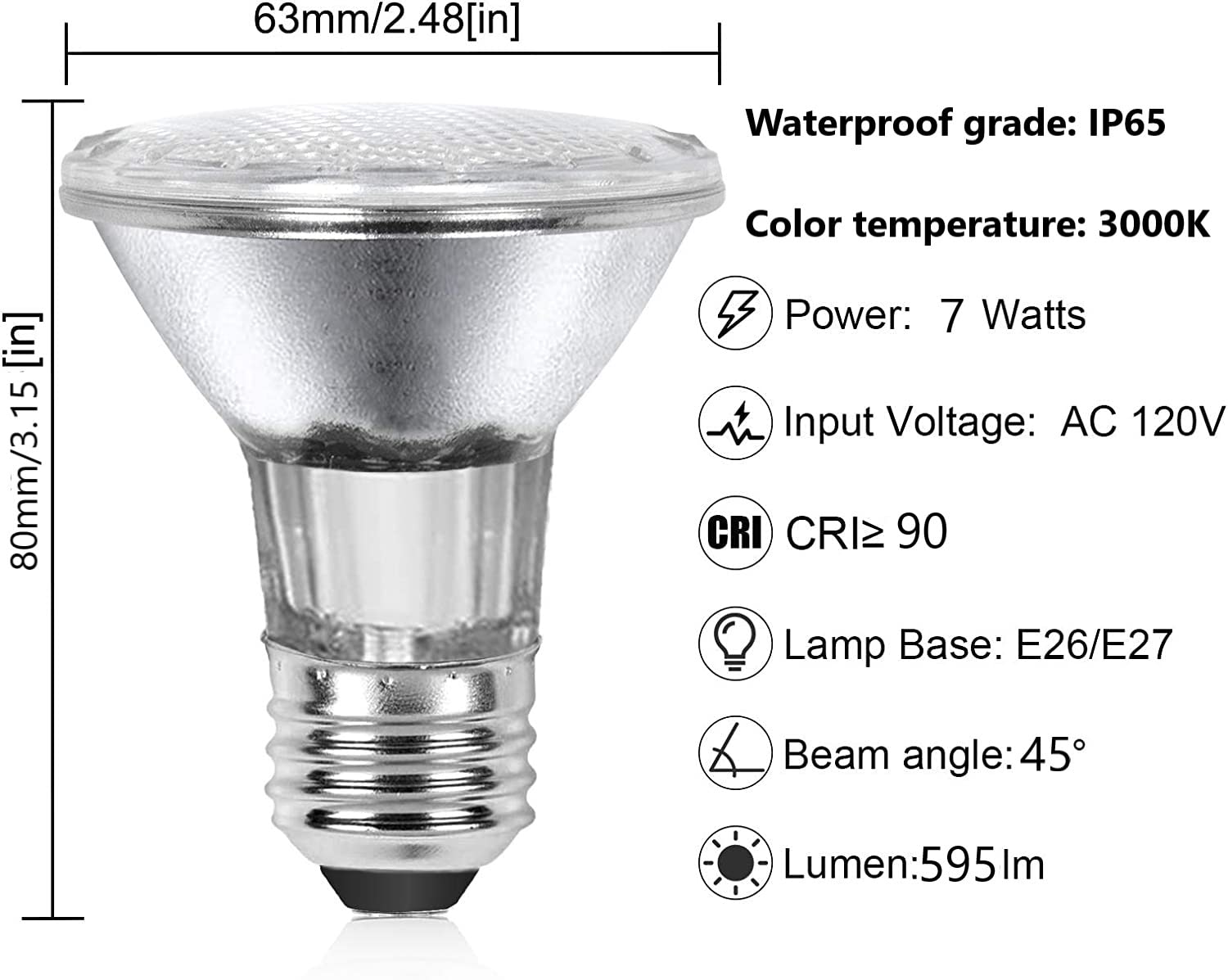 LPSAFP PAR20 7W LED Range Hood Light,E26 120V Dimmable Warm White 595lm, Waterproof IP65, Replacement 50W Halogen Cup. Spot Bulbs for Kitchen Appliances, Track Lighting, Outdoor Landscaping 2 Pack