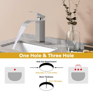 KZH Waterfall Bathroom Faucet,Single Handle 1 or 3 Hole Bathroom Sink Faucet Washbasin Faucet,Rv Vanity Faucet with Deck Plate, Pop-up Drain and Supply Hoses Brushed Nickel