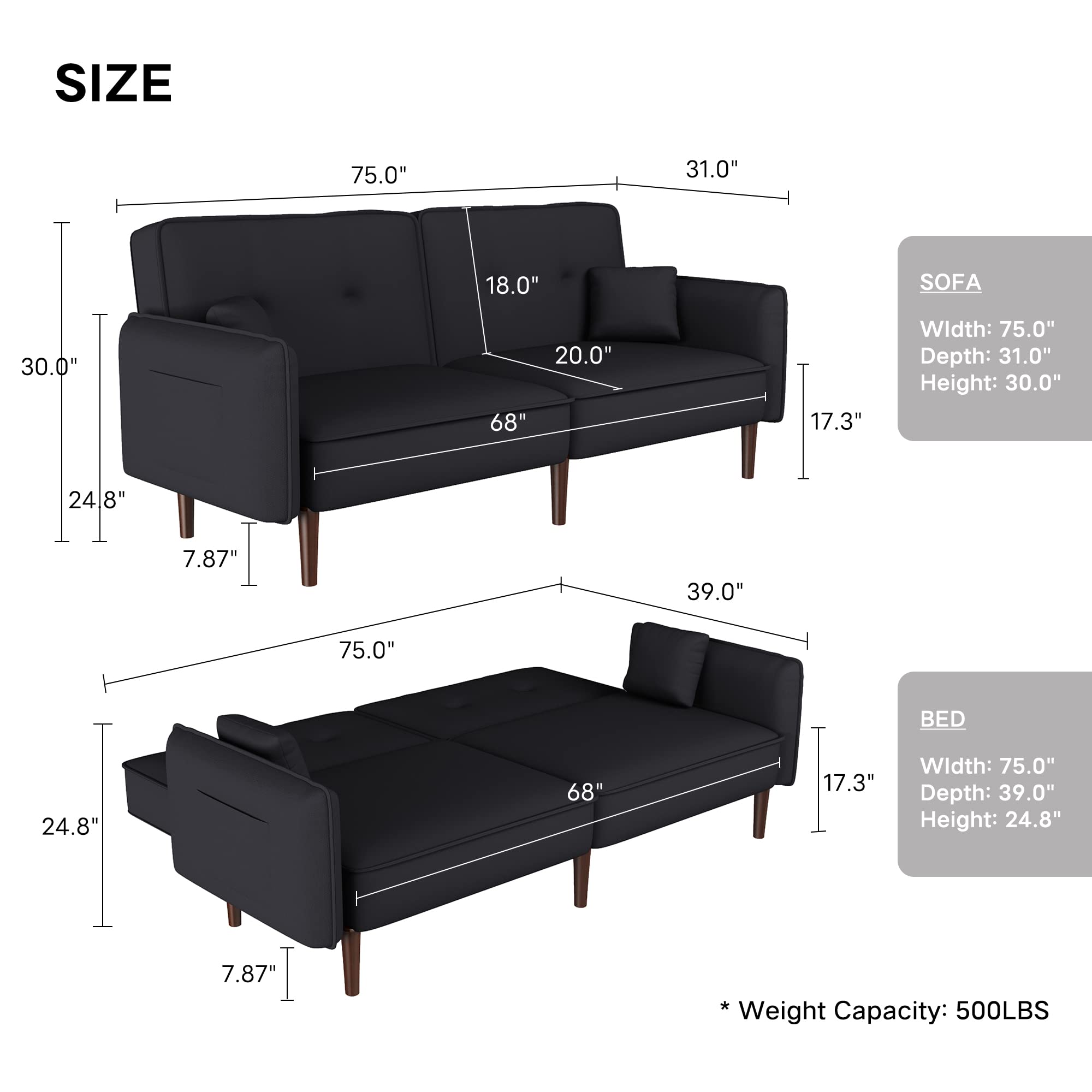 N NOORDENIYA Convertible Sleeper Sofa Bed Modern Loveseat Futon Sofa Couch Bed with Adjustable Backrest Loveseat Daybed Love Seat Lounge sofa sleeper Pillows Pockets Furniture for Living Room