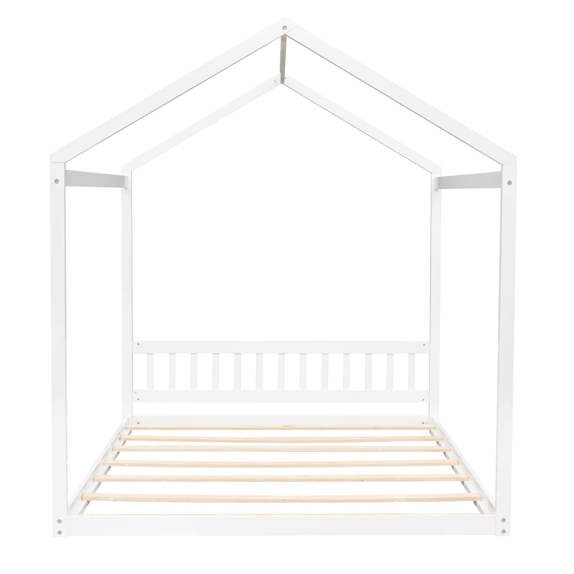 Queen House Bed Wood Montessori Floor Beds for Kids Wood Cabin/Tent/Canopy Bed Frame for Girls Boys Teens Adults, Queen Size, White