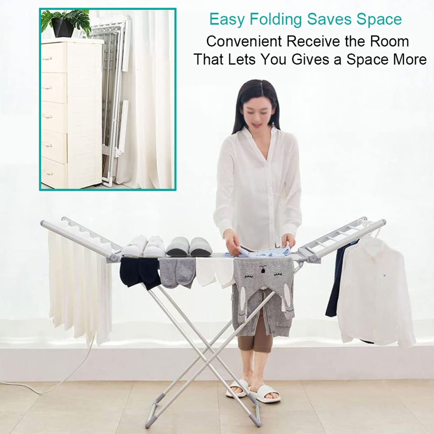 ZAVAYA Portable Electric Heated Clothes Dryer, 147 X 54 X 94cm Foldable Energy Saving Clothes Airer, Towel Warmer for Bathroom Laundry Room Apartment