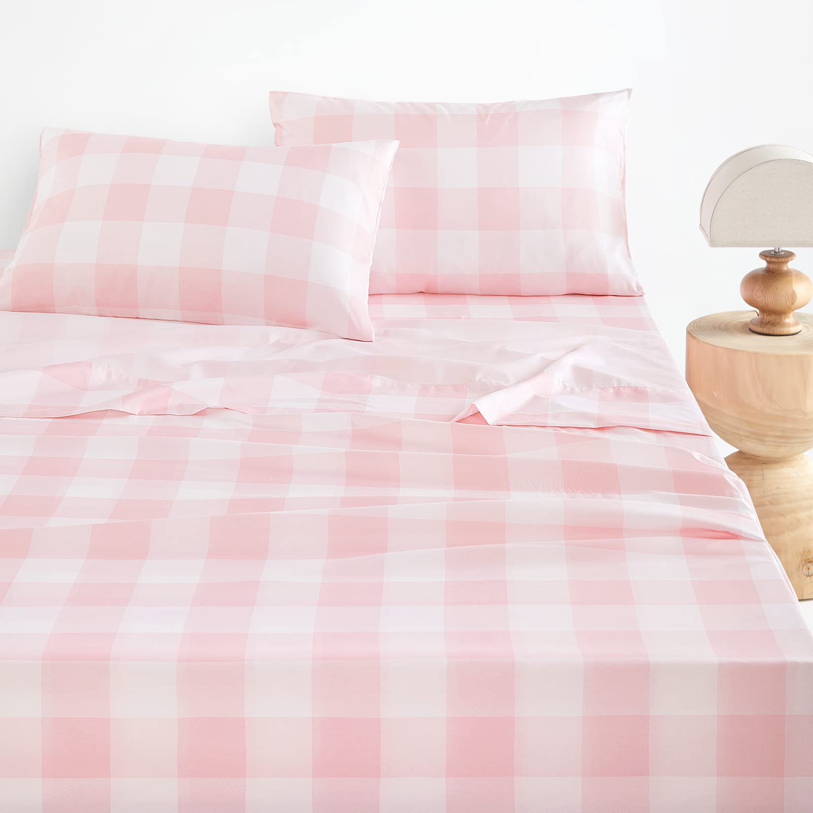 Wake In Cloud - Gingham Bed Sheets, 4-Piece Sheet Set, Cute Plaid Buffalo Check Checker Geometric Aesthetic Bedding, Deep Pocket, Pink, Twin Size