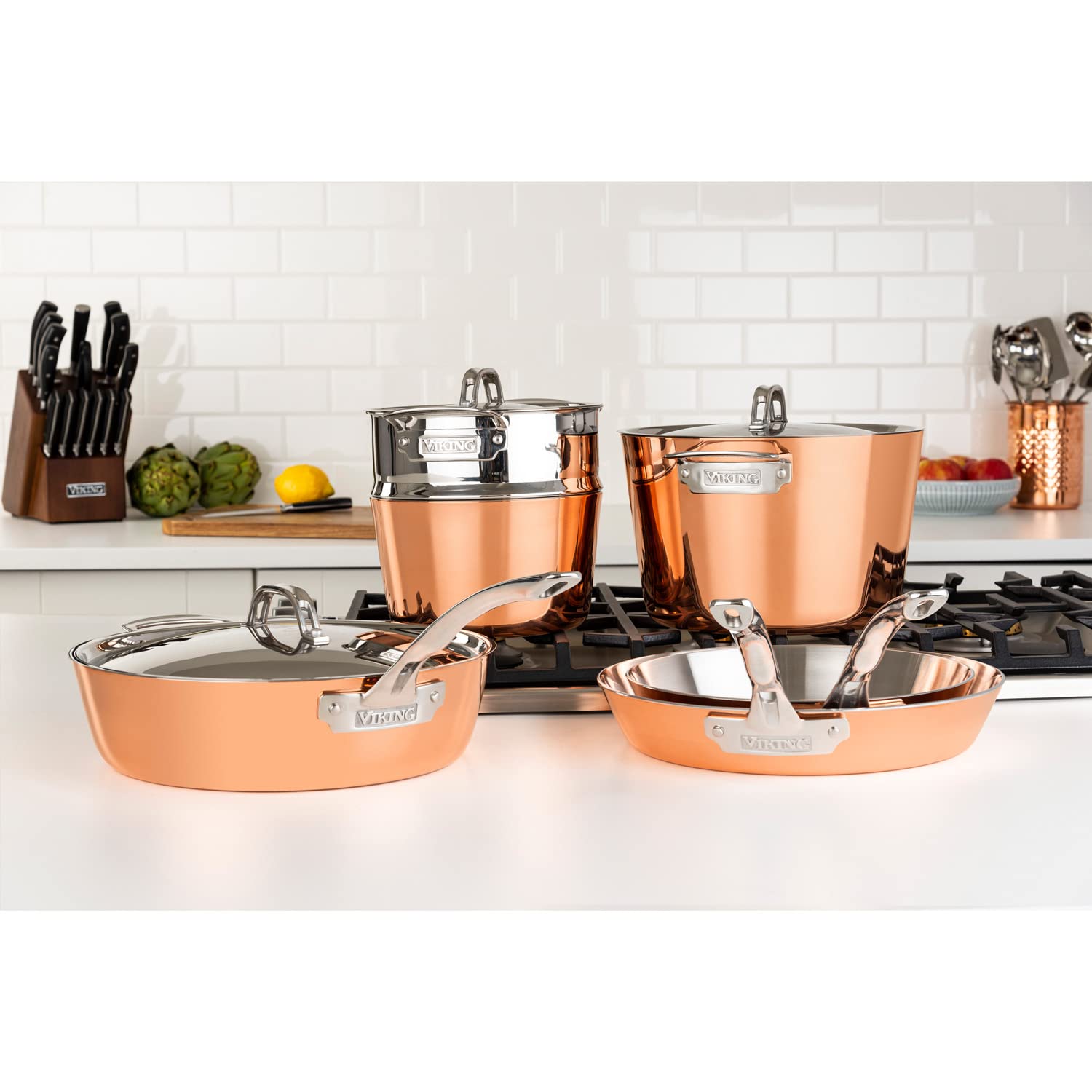 Viking Culinary Contemporary 4-Ply Copper Clad Cookware Set with Metal Lids, 9 Piece, Oven Safe, Works on All Cooktops including Induction