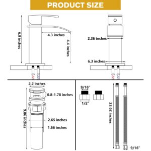 KZH Waterfall Bathroom Faucet,Single Handle 1 or 3 Hole Bathroom Sink Faucet Washbasin Faucet,Rv Vanity Faucet with Deck Plate, Pop-up Drain and Supply Hoses Brushed Nickel