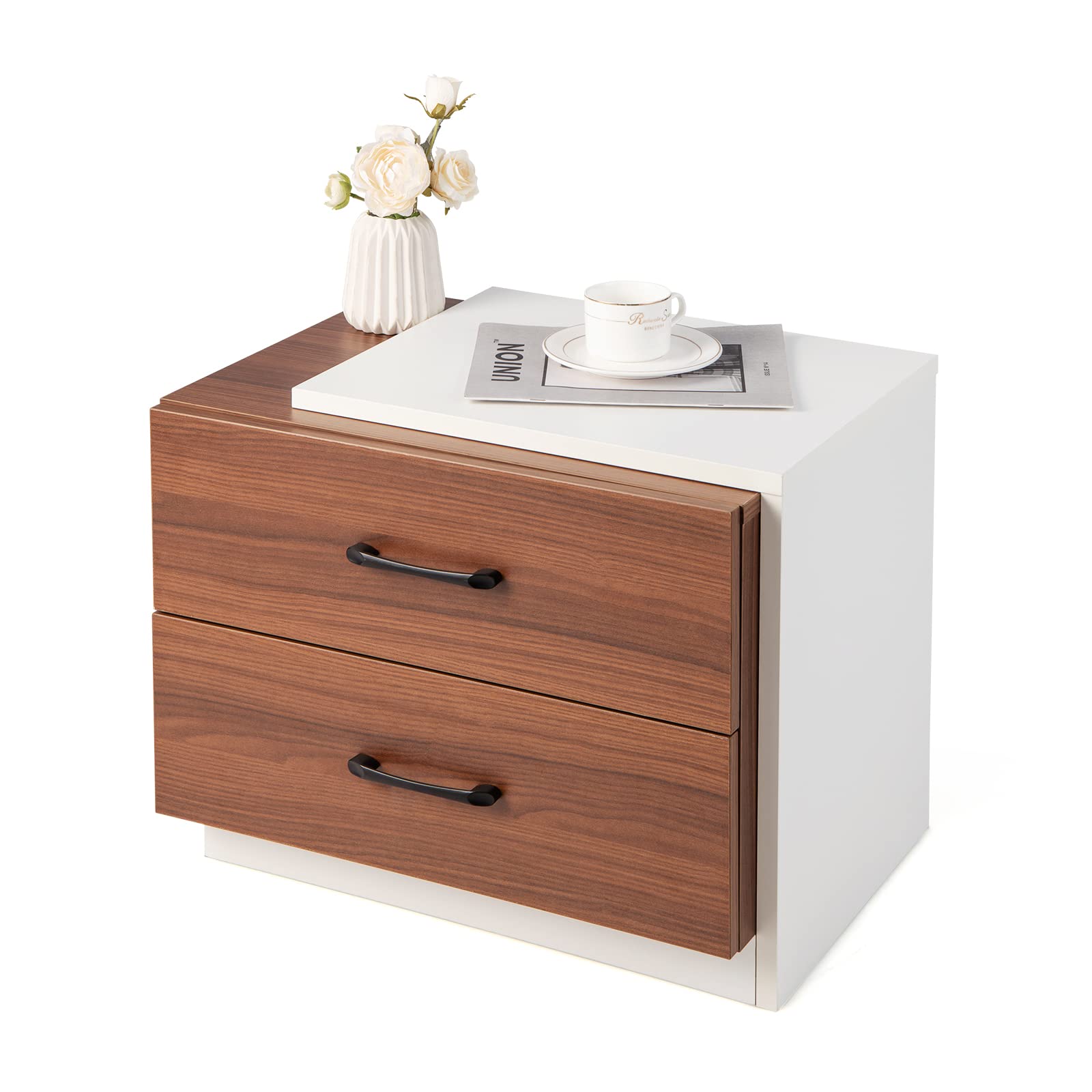 LOKO Modern Nightstand with 2 Drawers, Wooden Bedside Table with Unique Framed Design, Multifunctional End Table for Bedroom, Study, 21.5 x 16 x 18 inches, Walnut & White