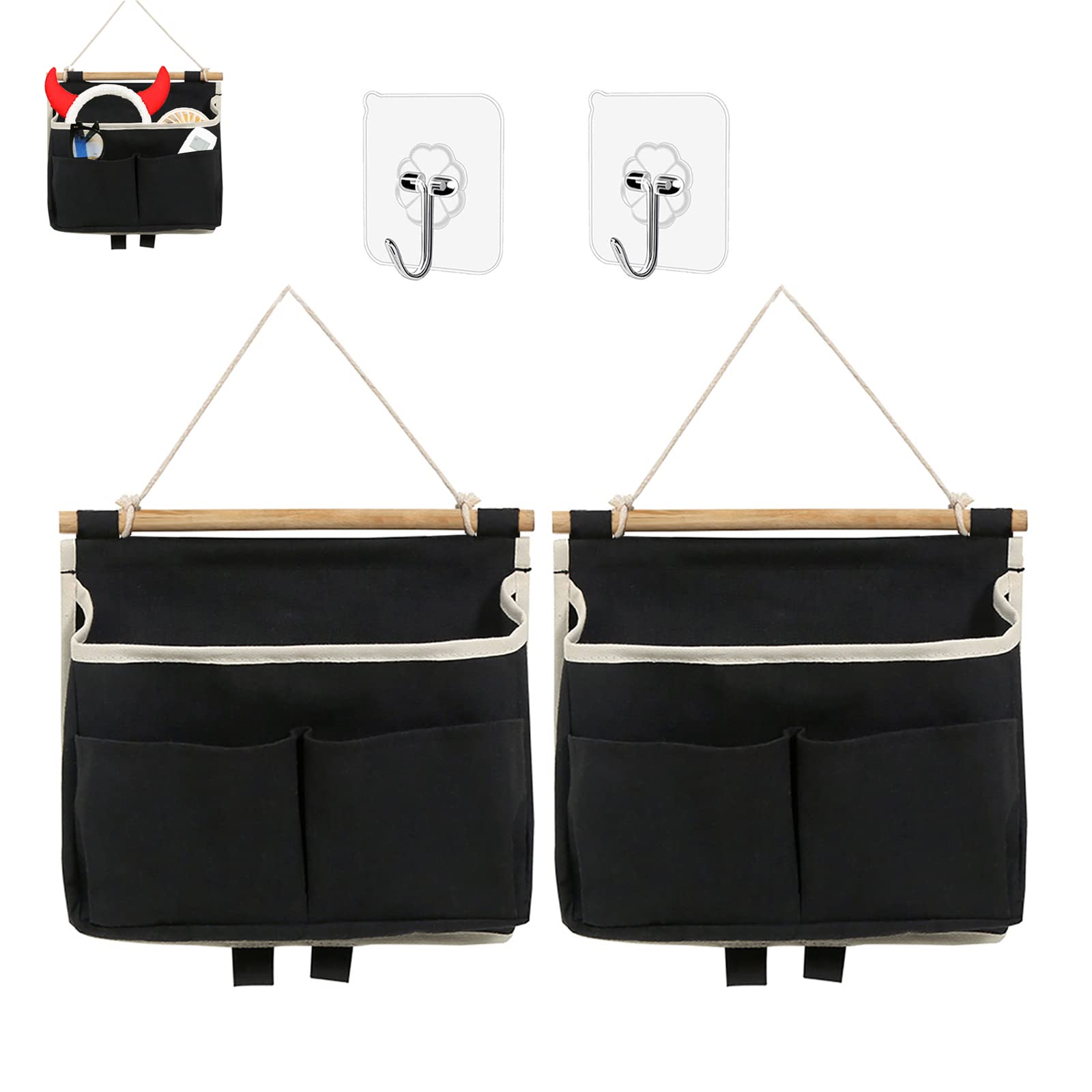 Someteth 2Pcs Wall Hanging Storage Caddy Bag,Over Door Hanging Storage Bags Wall Mount Hangable Organizer，File Magazine Waterproof Linen Cotton Fabric Living Room Bedroom Bathroom (Black)…