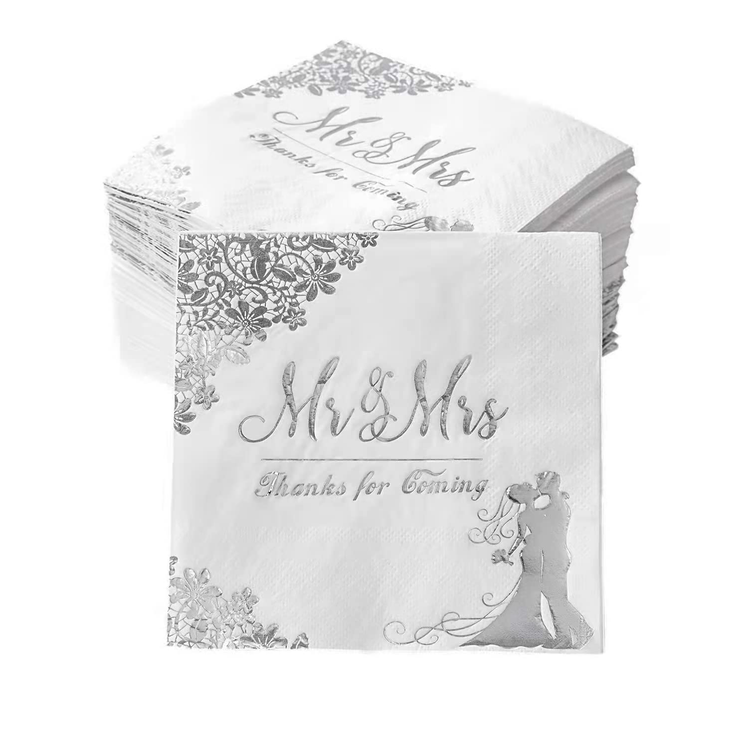 200 Pcs Silver Wedding Napkins for Reception Mr and Mrs Wedding Cocktail Napkins, Disposable Napkins for Wedding, Engagement, Bridal Shower Party Decorations