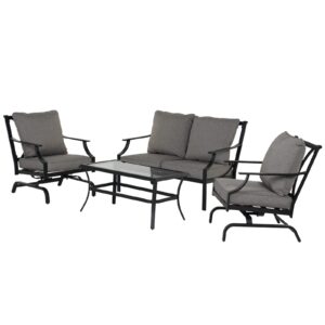 Grand patio Outdoor 4-Piece Patio Furniture Set Conversation Set with Olefin Cushions 2 Rocking Motion Chairs 1 Fixed Loveseat Glass Coffee Table, Dark Gray