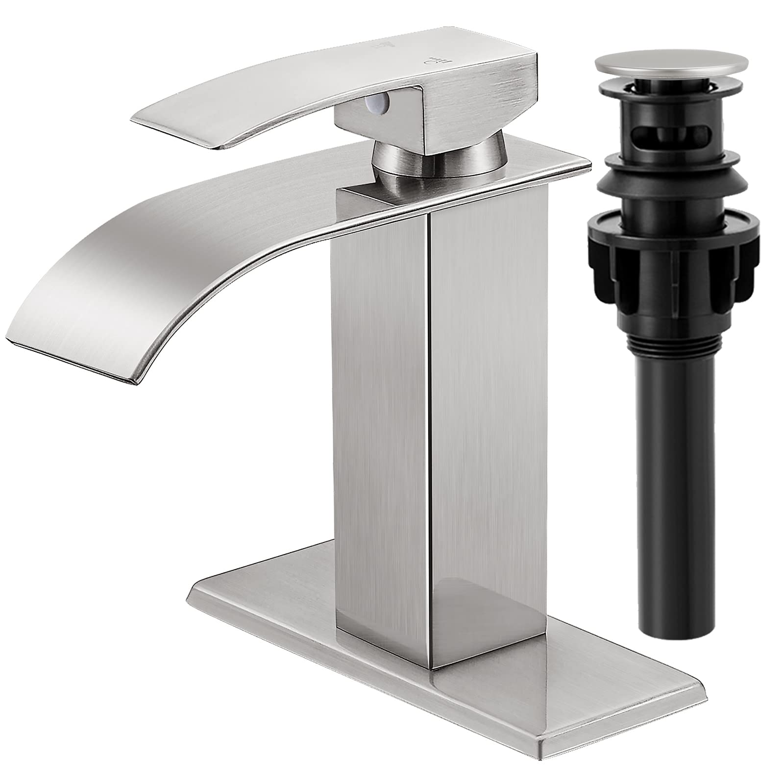 KZH Waterfall Bathroom Faucet,Single Handle 1 or 3 Hole Bathroom Sink Faucet Washbasin Faucet,Rv Vanity Faucet with Deck Plate, Pop-up Drain and Supply Hoses Brushed Nickel