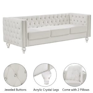 mikibama Velvet Sofa Couch 83 Inch Long Modern Sofa with Acrylic Legs and 2 Pillows, Jeweled Buttons Tufted Couch Modern Decor Furniture for Living Room, Bedroom (Beige)