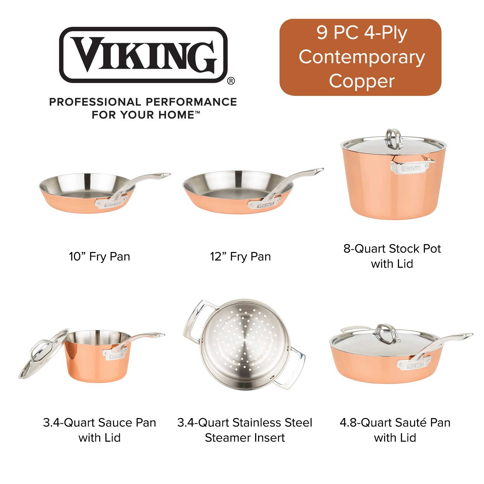 Viking Culinary Contemporary 4-Ply Copper Clad Cookware Set with Metal Lids, 9 Piece, Oven Safe, Works on All Cooktops including Induction