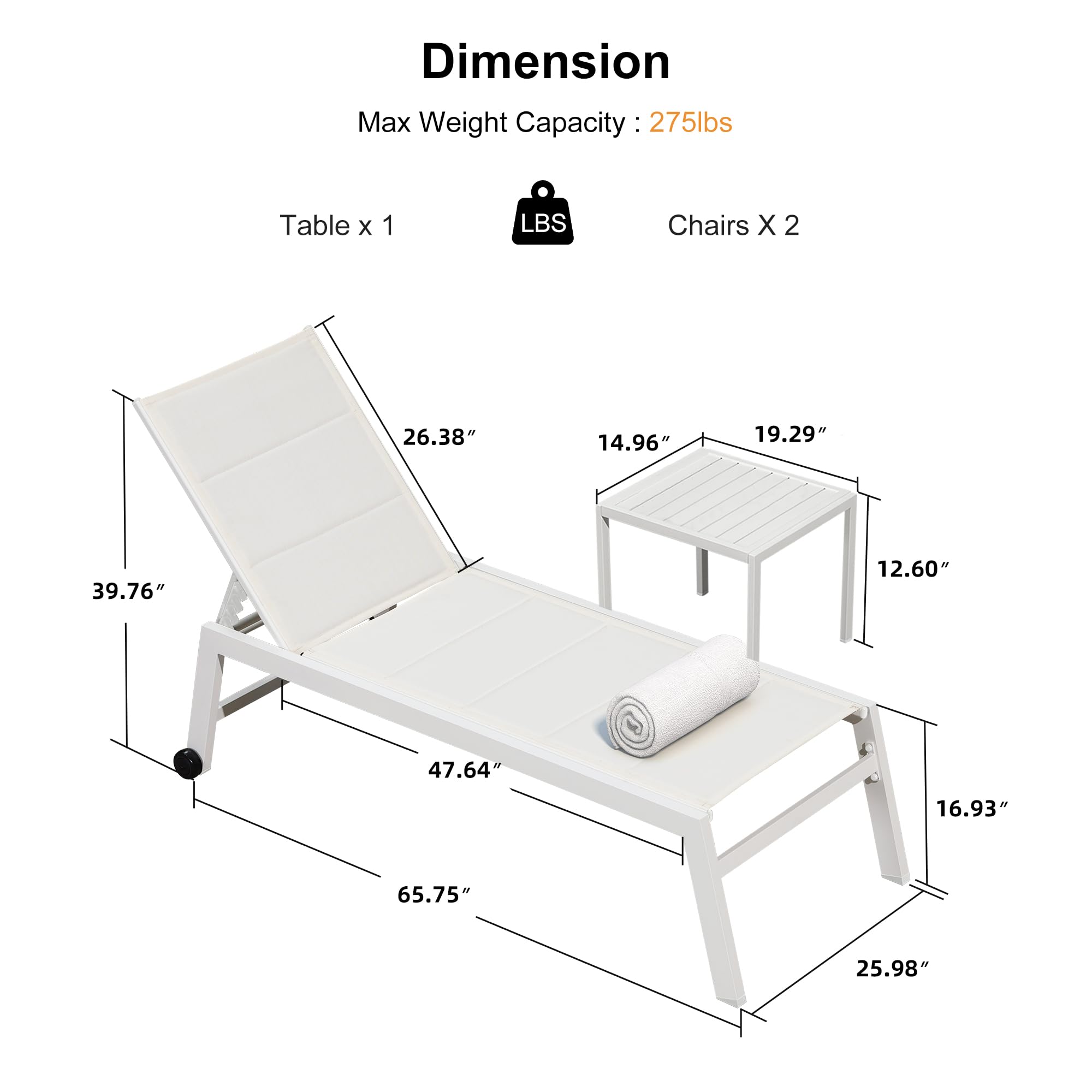 PURPLE LEAF Outdoor Chaise Lounge Set Adjustable Sunbathing Recliner with Side Table for Poolside Beach Outside Patio Aluminum Chaise Lounger Cream