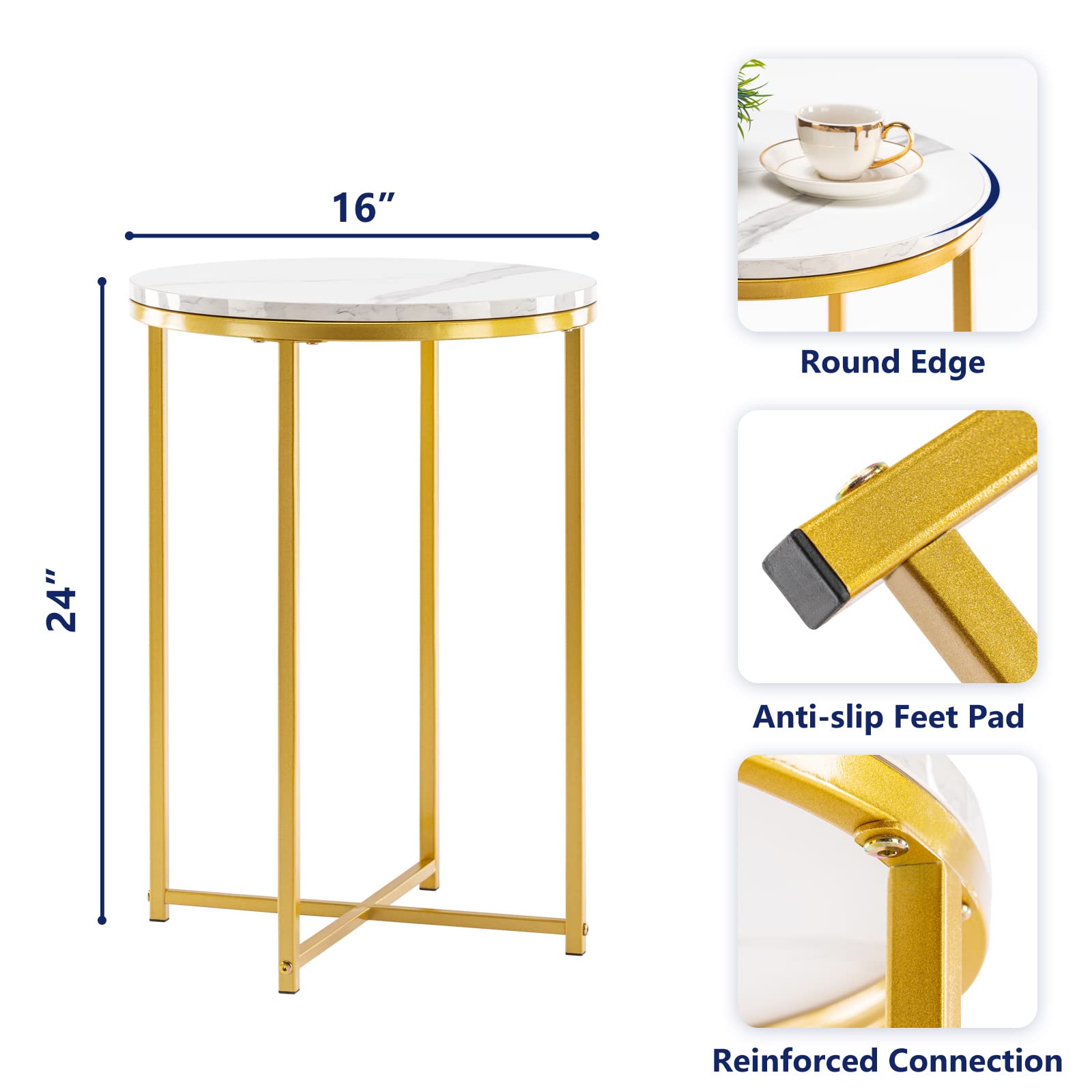 TECHMILLY Round End Table, Faux Marble Sofa Table, Accent Side Table with Metal Frame, Modern Gold Nightstand, Tall Coffee Table for Living Room, Bedroom-2 Packs