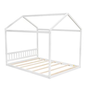 Queen House Bed Wood Montessori Floor Beds for Kids Wood Cabin/Tent/Canopy Bed Frame for Girls Boys Teens Adults, Queen Size, White