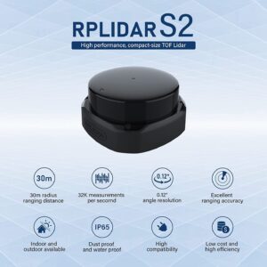 Seeed Studio RPLiDAR S2 Low Cost 360 Degree DTOF Laser Range Scanner, Lidar Scanner with 30 Meter Radius Ranging Distance, and 0.12° Angle Resolution, IP65-Rated for Indoor/Outdoor Use.