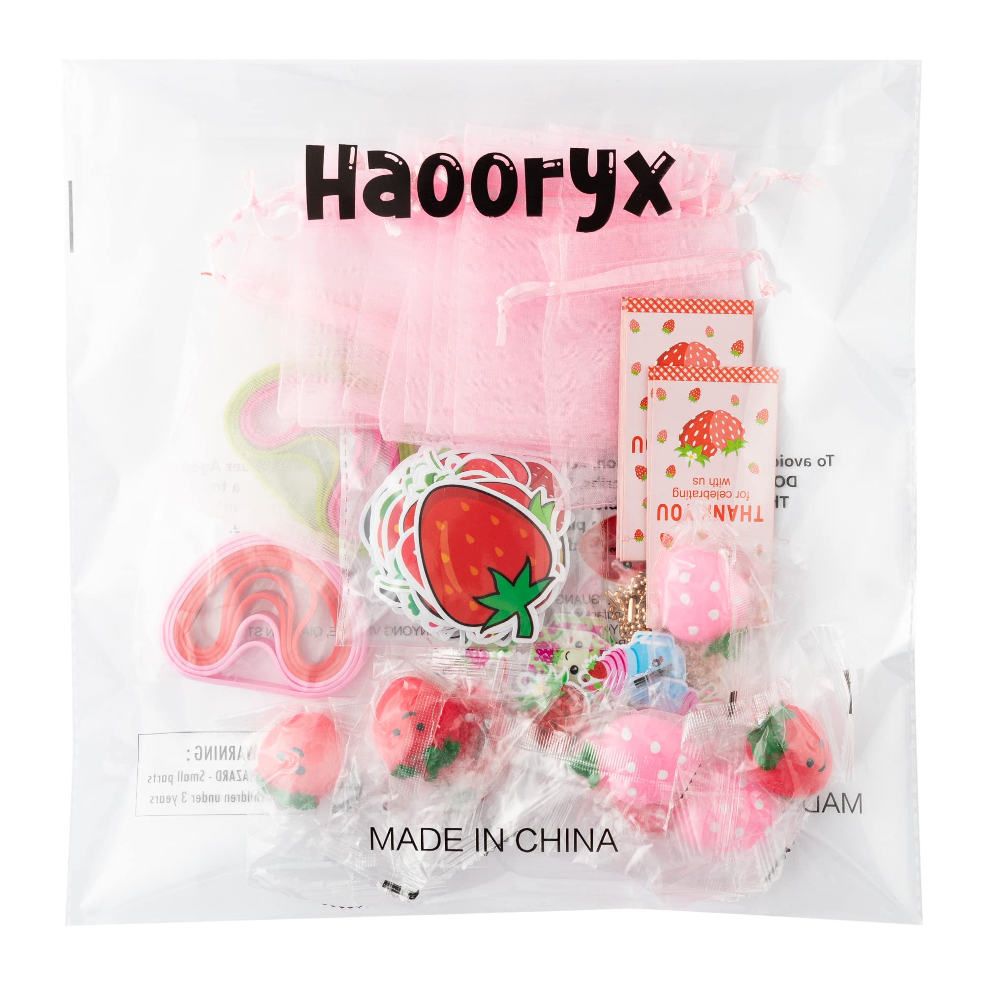 Haooryx 110PCS Strawberry Theme Party Favors Fruit Mochi Toys Berry Sweet Rubber Bracelet Acrylic Strawberry Scrapbook Stickers Keychains with Thank You Card for Girls Birthday Summer Party Goodie Bag