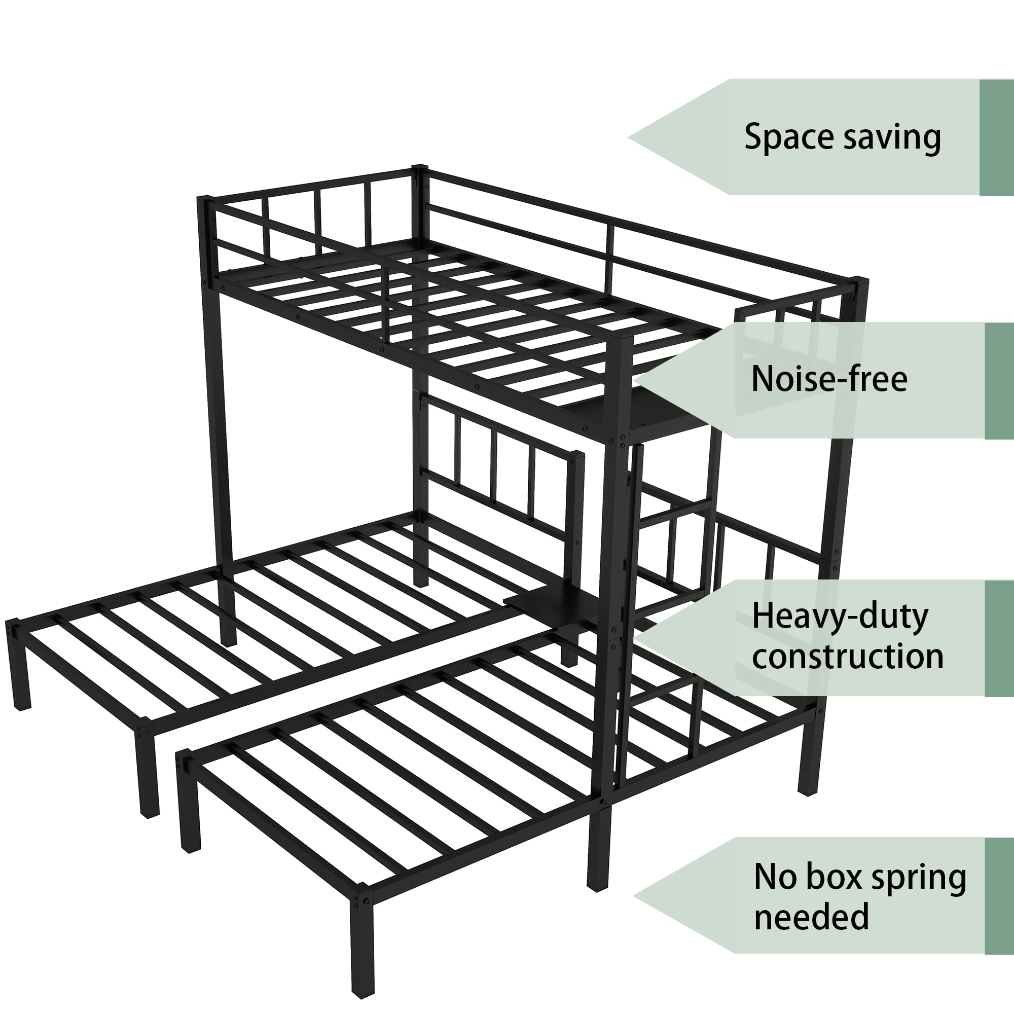 Triple Bunk Beds for 3 Twin Over Two Twin Metal Bunk Bed Frame Three Beds Bunk Bed with Storage Shelf for Kids Boys Girls Teens, Black