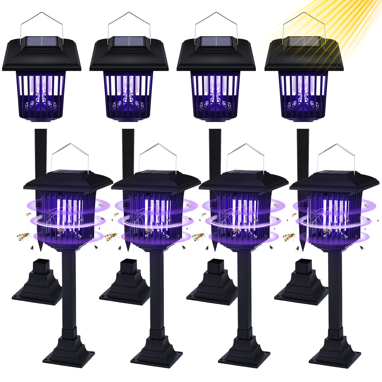 Solar Bug Zapper Outdoor UV Mosquito Killer Black Fly Repellent Light Waterproof Pest Control Insect Fly Trap LED Insecticidal Lamp Hang or Stake in The Ground for Indoor Home Garden(4 Pack)